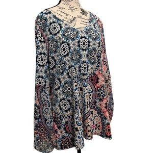 Coco Bianco XL Bohemian Floral Print Women's Top Sheer Sleeve